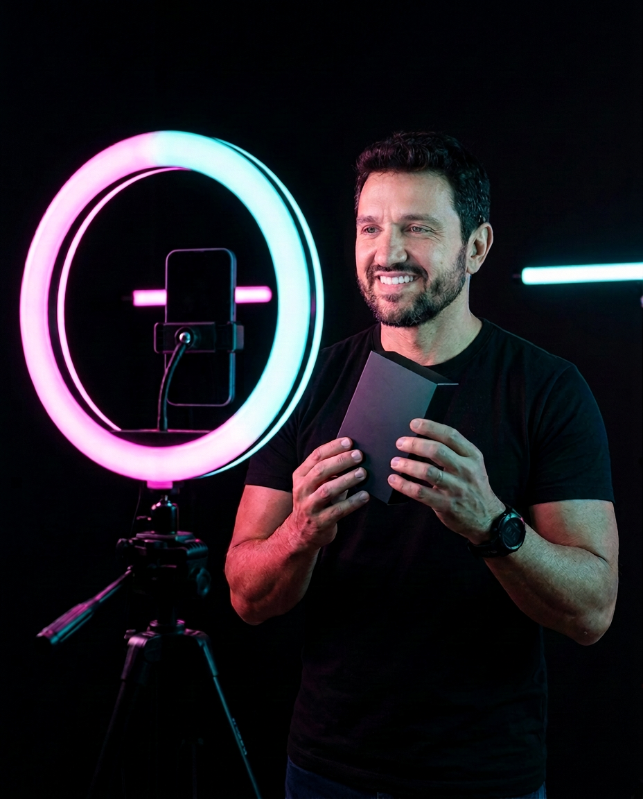 Willian Leonel gravando vídeo de produto com ring light